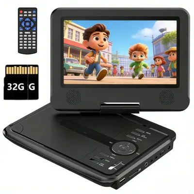 Image de Lecteur DVD portable 9,5 pouces avec écran HD pivotant de 7,5 pouces, idéal pour la voiture, avec chargeur de voiture, adaptateur secteur et batterie rechargeable ; compatible USB, carte SD et synchronisation TV