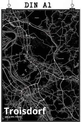 Produktbild von Mr. & Mrs. Panda Bild Troisdorf DIN A1 - Geschenk, kunstdruck poster, Plakat, Stadt, Dorf Karte Landkarte Map Stadtplan, drucke, Wandbild