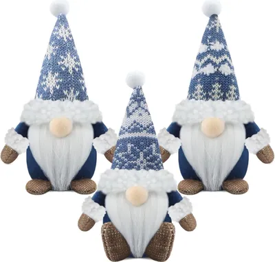 Image de lot de 3 figurines artisanales de lutins de Noël bleues - Décorations de Noël pour la maison et la cuisine