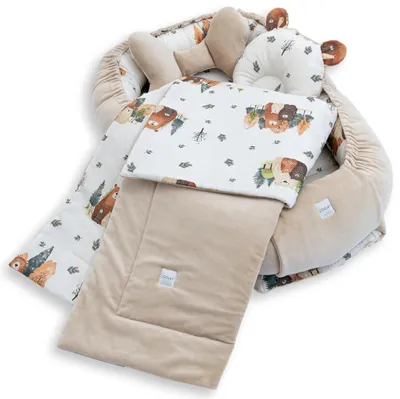 BABYNEST SET 5 tlg. BEIGE Samt Velour/ Beige Bärchen Familie Baumwolle