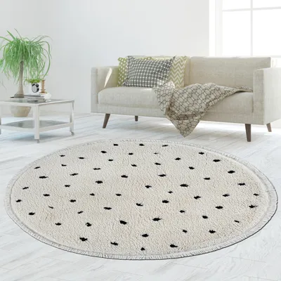 Zdjęcie produktu dla Nowoczesny dywan o wysokim runie w kropki Miękki i łatwy w pielęgnacji Beżowy w czarne kropki Rozmiar - 120 cm Okrągły