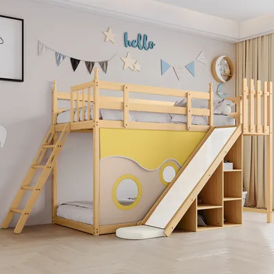 Produktbild von Flieks Etagenbett 90x200cm mit Lattenrost, Kinderbett mit Rutsche und Rausfallschutz, Hochbett mit Leiter und Regal, Massivholzbett Stockbett mit Bettvorhang, Naturbelassen