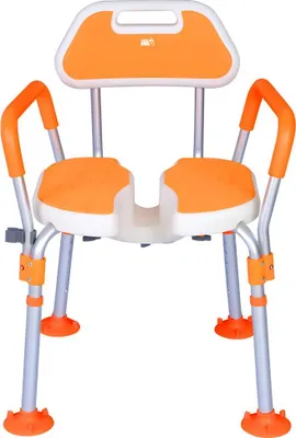 A front view of an orange and white shower chair with armrests and a backrest, set against a white background.