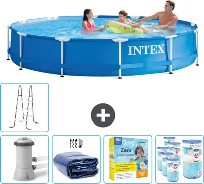 Produktbild von Intex Rundrahmen-Schwimmbecken – 366 x 76 cm – Blau – inklusive Pumpe Sonnensegel - Wartungspaket - Filter - Leiter