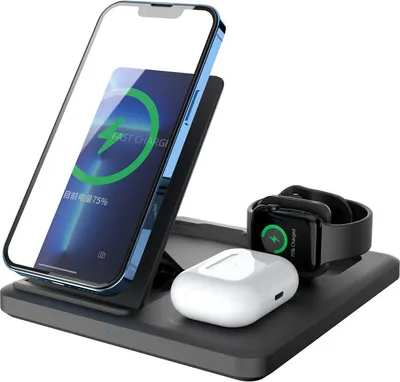 Produktbild von 3-in-1 Wireless Ladegerät Stand Lade Docking Station für Airpods Pro iWatch iPhone 14 13 12 11 Samsung Schwarz