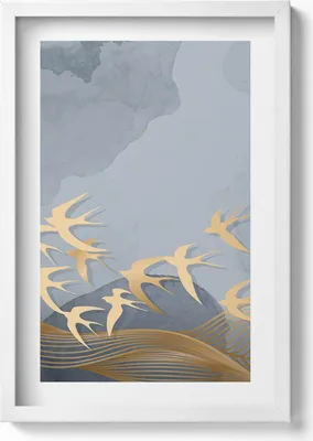 Produktbild von Illustration von fliegenden Vögeln– Wandbild mit Rahmen – Gerahmtes Bild  – Wanddekoration – 40x60 cm – Weiß
