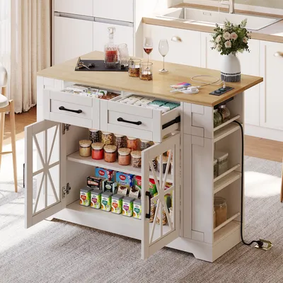 Zdjęcie produktu dla przenośna wyspa kuchenna 120 cm ze składanym stołem, złączem AC i USB, szklanymi drzwiami, regulowanym laminatem i kółkami z hamulcami, 120×65×92 cm, biała