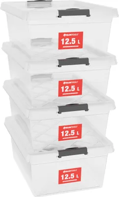Produktbild von ATHLON TOOLS 4x 12.5 L Aufbewahrungsboxen mit Deckel, lebensmittelecht - Verschlussclips - 100% Neumaterial Plastik-Box transparent