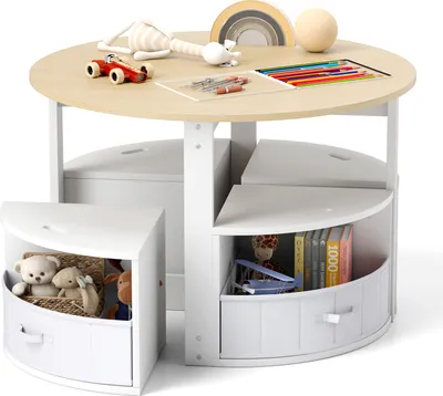 Immagine prodotto di COSTWAY Set di 5 pezzi da tavolo e sedie per bambini, tavolo rotondo con 4 sgabelli e 4 cassetti in tessuto per varie attività Natura + Bianco