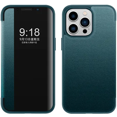 Immagine prodotto di Custodia per iPhone 14 Pro sottile in Finto cuoio con finestra di visualizzazione verde