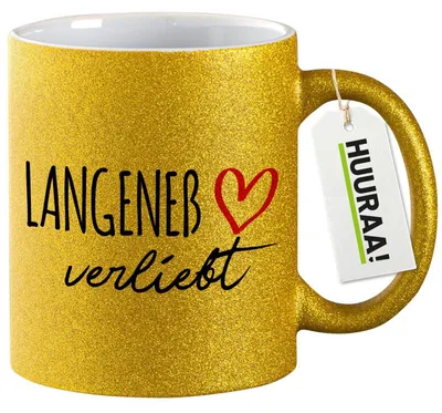 Produktbild von Huuraa Glitzertasse Langeneß verliebt 330ml Gold Keramik Kaffeebecher Geschenkidee