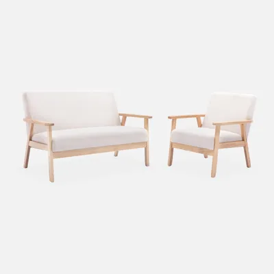 Produktbild von sweeek - Set Sessel und Sitzbank aus Hevea-Holz mit Bouclé-Bezug - Creme