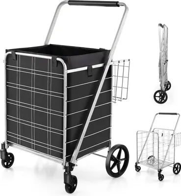 Produktbild von GOPLUS Klappbarer Einkaufswagen, Mehrzweckwagen bis zu 40 kg belastbar, Einkaufstrolley mit Rollen & 2 Körben, Ideal für Wäsche, Bücher, Gepäck (mit Abnehmbarer Tragetasche, Silber)