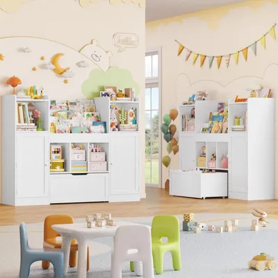 Obrázek produktu pro Bílá dětská regálka, šířka 140 cm, s úložným boxem na hračky a 3 policemi