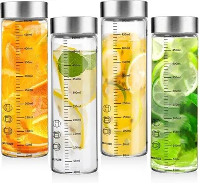 Productafbeelding van Glazen Flessen 500 ml met RVS Deksel - Set van 4, Met Maatverdeling