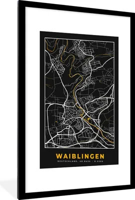 Produktbild von MuchoWow® Gerahmtes Poster Schwarz und Gold - Stadtplan - Waiblingen - Deutschland - Karte 60x90 cm - Poster mit Schwarzem Bilderrahmen Wandposter Rahmen Foto Bilder - Dekoration - Wandposter Wohnzimmer - Hochwertig