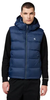 Obrázek produktu pro Kalvin Klein Jeans, pánská vesta s dlouhými rukávy, nylon, odepínací kapuce, péřová výplň, model LV04RD531G, barva: modrá