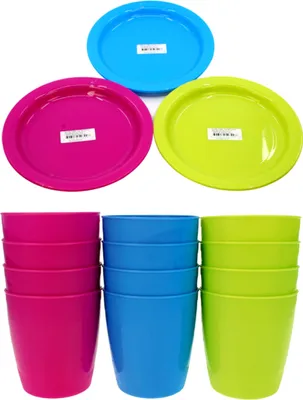 Produktbild von 12er Set Mehrweg Kunststoffbecher & Kunststoffteller | Trinkbecher Plastikteller