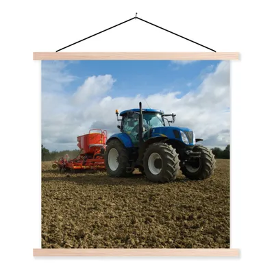 Produktbild von MuchoWow® Textilposter Traktor - Blau - Landleben - Wolken 60x60 cm mit holzfarbenen Rahmen - Wanddekoration