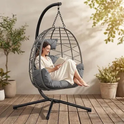 Imagen del producto de Silla colgante con estructura, sillón de mimbre resistente a la intemperie