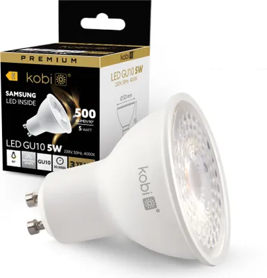 Obrázok produktu pre LED žiarovka GU10 PREMIUM 5W 4000K neutrálna biela 500lm 230V uhol vyžarovania 80 stupňov Nahrádza halogénové žiarovky, energeticky úsporná žiarovka Samsung reflektor osvetľujúci žiarovku do zabudovaného reflektora