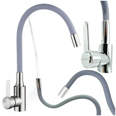 Collage of a flexible kitchen faucet with water flowing.