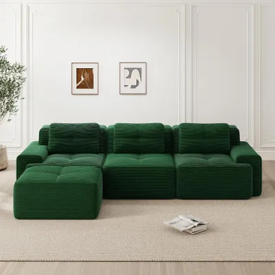 Obrázek produktu pro Cloud, modulární pohovka ve tvaru L s opěrkou na nohy, zelená cordurová pohovka pro 3 osoby, rozměry 293x177x69 cm, materiál vhodný pro domácí mazlíčky, pohovka dodávaná bez nutnosti montáže, ideální do obývacího pokoje