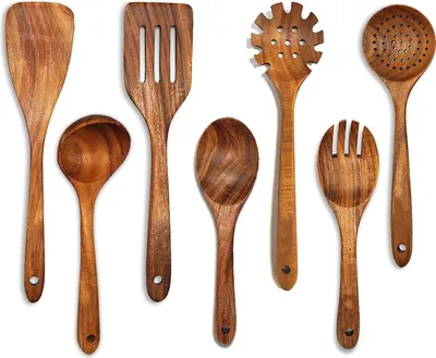 Produktbild von OKWISH Kochlöffel aus Holz, 7-teiliges Set, Holzgeschirr zum Kochen, Küchengeräte-Set, Holzkochutensilien