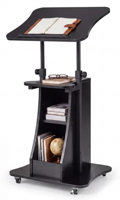 Produktbild von KOMFOTTEU Rednerpult höhenverstellbar, Stehpult mit Rollen & kippbarem Tisch, mobiler Stehschreibtisch mit 2 Fächern & offenen Regal, Präsentationspult für Home Office & Büro, 50 x 40 x 72-112 cm