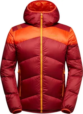 Die "Nature Down Jkt M" von La Sportiva in Rot und Orange; mit Kapuze und Reißverschluss; ideal für Herren.