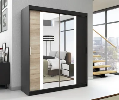 Produktbild von Schwebetürenschrank, 2-türig Schrank mit Spiegel, Kleiderschrank BRUNI 160 Farbe: Schwarz / sonoma / schwarz