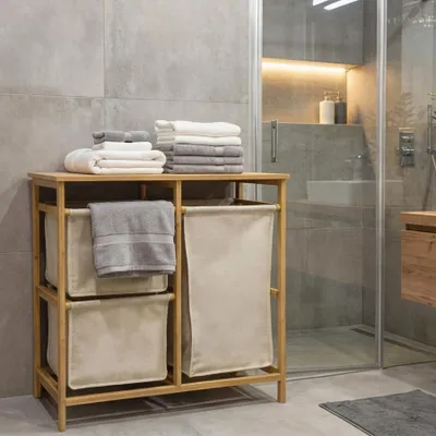 Produktbild von riess-ambiente Wäschekorb LAGOON SPA 70cm natur beige massives Bambusholz drei Wäschebeutel waschbar