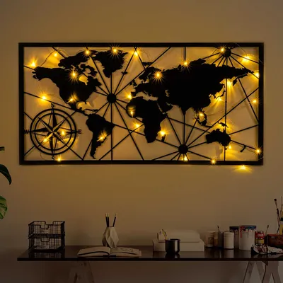 Immagine prodotto di Wallity, Mappa del mondo Led 452, accessorio decorativo da parete in metallo, nero, METALLKÖRPER, 60 x 120 cm
