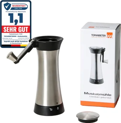 Produktbild von TOPANBIETER 999 Muskatmühle Edelstahl, Gewürzmühle, ausklappbare Kurbel, Aromaverschlusskappe, integrierter Aufbewahrungsbehälter für 3-4 Muskatnüsse