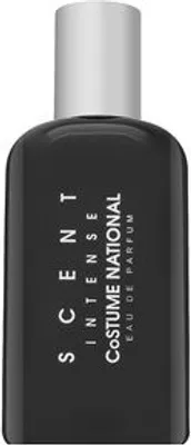 A black bottle of perfume with a silver cap.