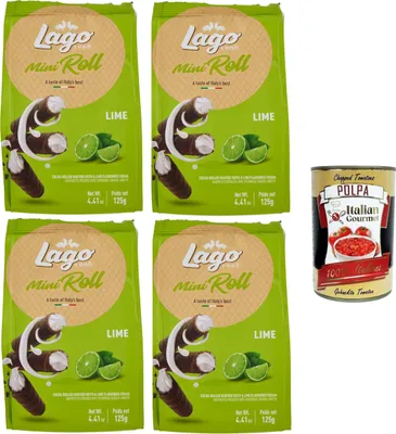 Produktbild von Lago 1968, Mini Roll Lime - Mini-Rolle, Waffel-Cannoli gefüllt mit 66% Limettencreme 4x125gr + Italian Gourmet polpa 400g