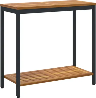 A product shot of a wooden and metal console table against a white background.