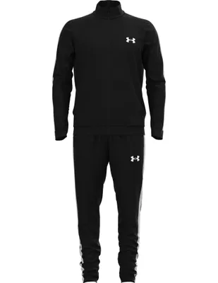 A black Under Armour tracksuit is displayed against a white background.