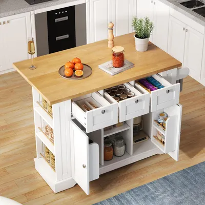 Immagine prodotto di Carrello per cucina da 132 cm con piano di lavoro ribaltabile, 3 cassetti, 2 ante, ruote, presa di corrente, colore bianco