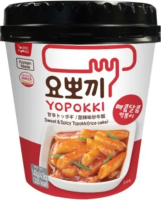 A product shot of a cup of Yopokki (rice cakes) with sauce.