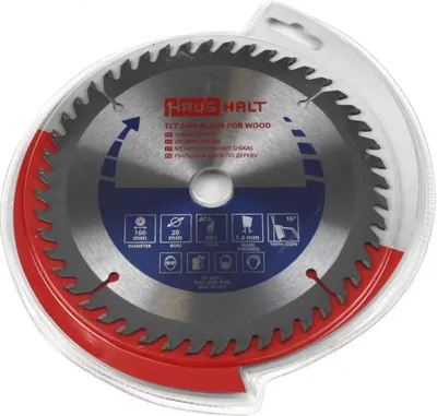 A circular saw blade for wood is presented in its clear plastic packaging.