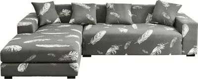 Image de 2 pièces de housses de canapé imprimées en stretch Couvre-canapé pour 4 canapés-coussins protection de meuble élastique universelle avec quatre taies d'oreiller es (3 places, plume grise)