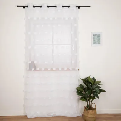 Produktbild von Ösenvorhang Leinenoptik mit Pompons uni weiß 140x260cm