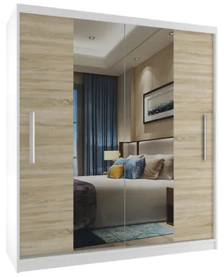 Produktbild von BELINI Verona ME Schiebetürenschrank 133 cm Weiß/Sonoma Eiche Matt - Kleiderschrank mit Spiegel & 4 Schubladen, Schlafzimmer