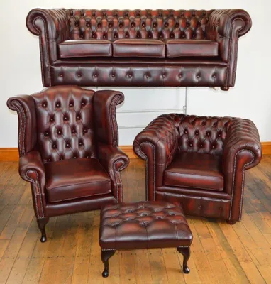 Image de Ensemble de canapés Fauteuil à oreilles Chesterfield Canapé en cuir Canapé Tabouret Set 4pcs 3+1