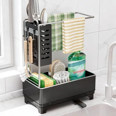 Obrázek produktu pro Organizér do dřezu - Černý - Nerezová ocel - Odkapávací miska - Držák na houbičky 22,5 x 12 x 28,5 cm