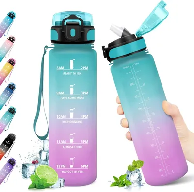 Image de Bouteille d'eau avec paille, 1 litre, étanche, pour adultes, idéale pour le sport et l'école
