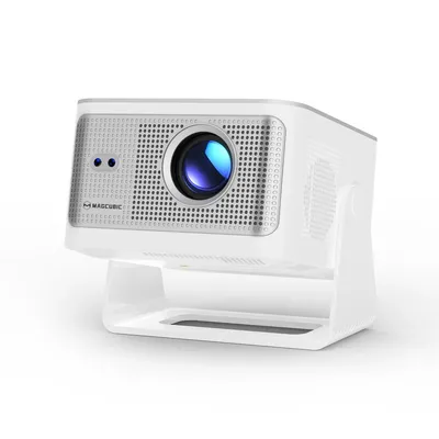 A white and silver mini projector on a white stand, presented against a white background.