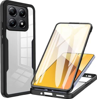 A black and transparent phone case is shown next to a disassembled phone with a screen protector.