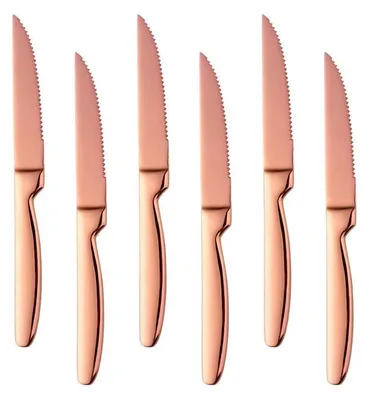 Immagine prodotto di Set di coltelli per bistecca, 6 pezzi, lama seghettata affilata, acciaio inossidabile, finitura rosa oro, 22 cm